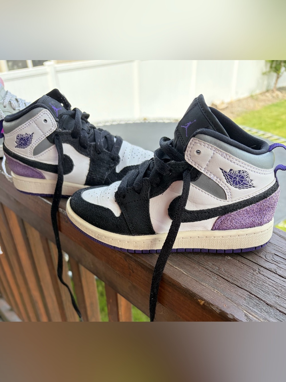 Jordan Retro High-Top Sneakers in White, Black & Purple (not worn outside)